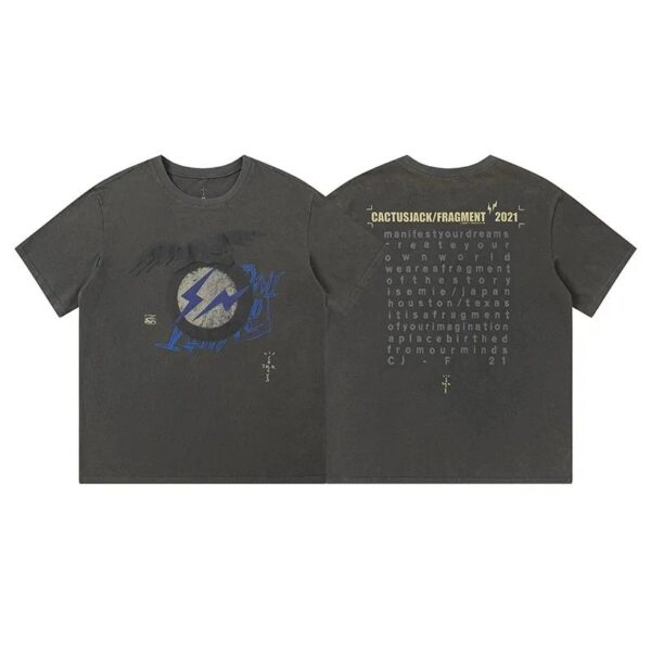 TravisScott&FragmentDesign Washed Eagle Lightning Animal Print Short Sleeve T-Shirt