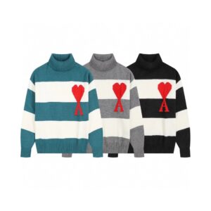 Ami Big Heart Striped Knit Turtleneck Sweater
