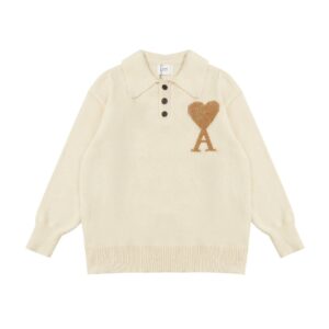 AMI PARIS Gold Thread Heart Logo Polo Sweater