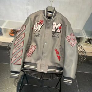 AC Milan Heavy Craft Embroidery Patchwork Leather Sleeve OFF Hundred Baseball Jacket