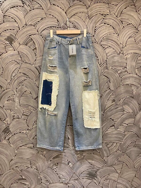 Balenciaga High-Street Patchwork Heavy-Duty Design Haute Couture Runway Patchwork Denim Pants Couple Set