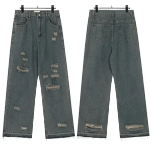 ESSENTIALS FEAR OF GOD American High-Street Distressed Wash Vintage Scratched Ripped Frayed Fringe Straight-Leg Jeans