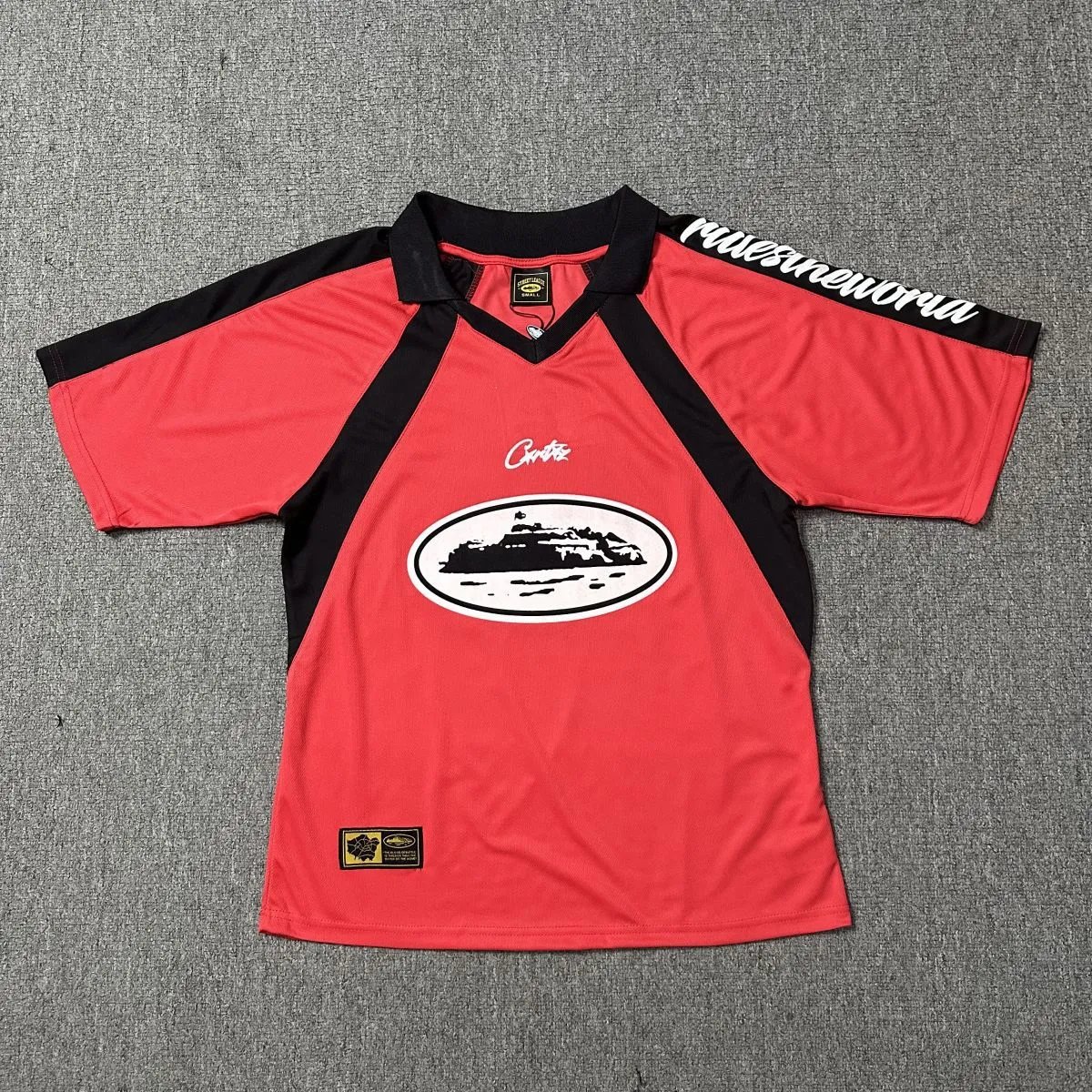 Corteiz Museumworld Red & Black Color-Blocked Streetwear Polo Shirt