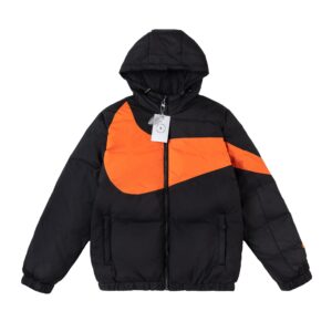 Nike Black and Orange Color-Block Hooded Down Jacket