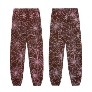 sp5der American Streetwear High-Street Spider Web Casual Pants Brown-Pink